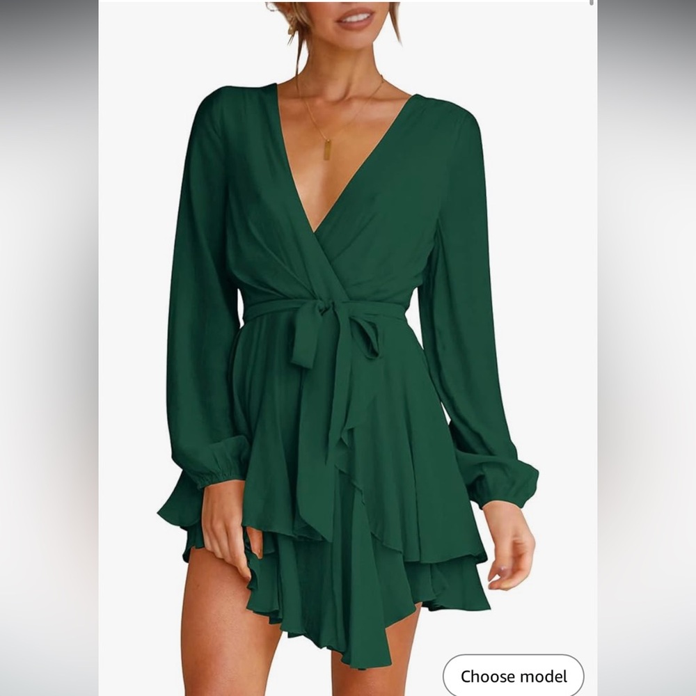 Green v-neck long sleeve waist tie skater dresss